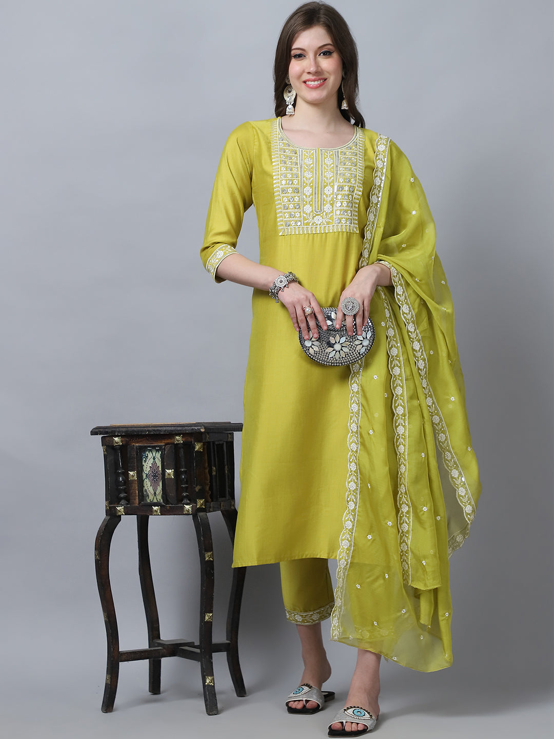 Women's Yellow Silk Embroidery Kurti Pant With Dupatta - Alvami