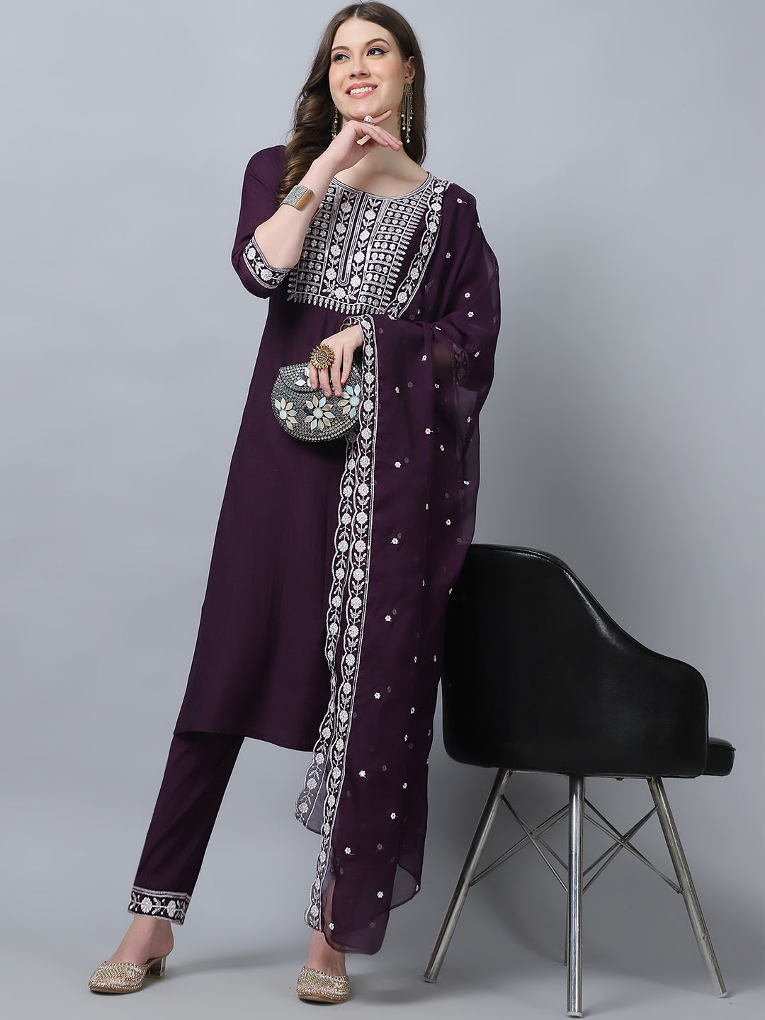 Women's Wine Silk Embroidery Kurti Pant With Dupatta - Alvami