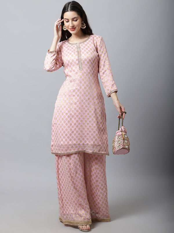 Women's Baby Pink Straight Banarasi Kurti With Flared Palazzo - Anokherang