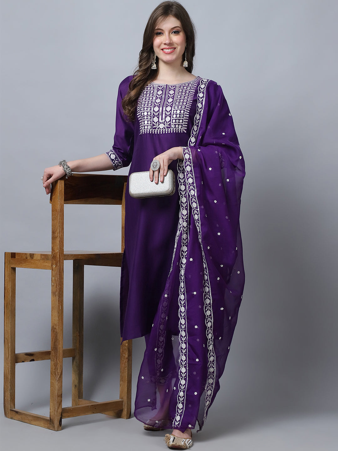 Women's Purple Silk Embroidery Kurti Pant With Dupatta - Alvami