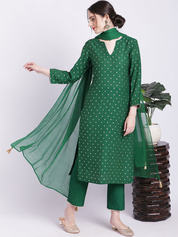 Women's Ethnic Green Banarasi Straight Kurti With Straight Pants And Mokaish Dupatta - Anokherang