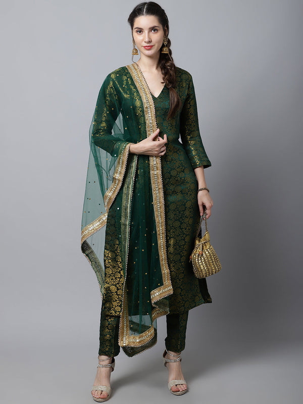 Women's Bottle Green Brocade Straight Kurti With Straight Pants And Net Dupatta - Anokherang