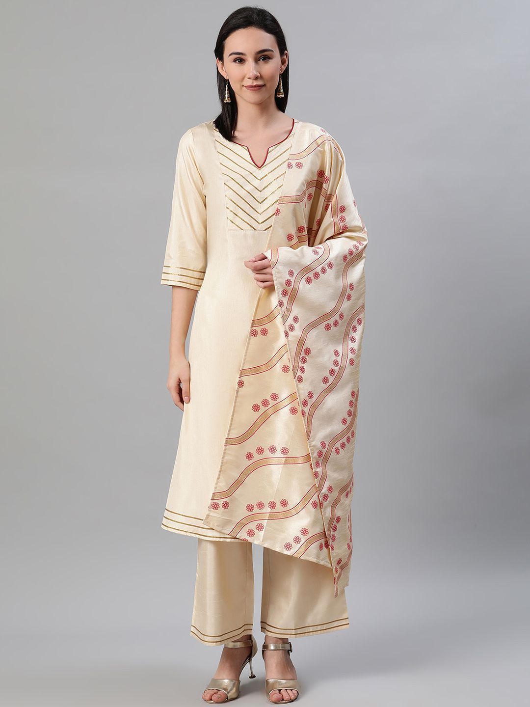 Women's Cream Color Dyed Flared Kurta,Palazzo And Dupatta Set - Ziyaa