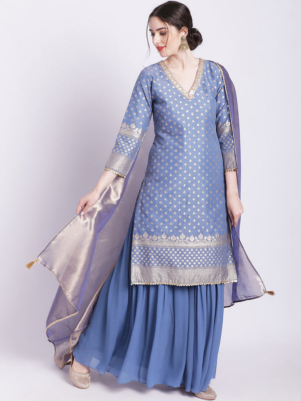 Women's Dusty Blue Badla Kurti With Gathered Palazzo And Organza Shine Dupatta - Anokherang