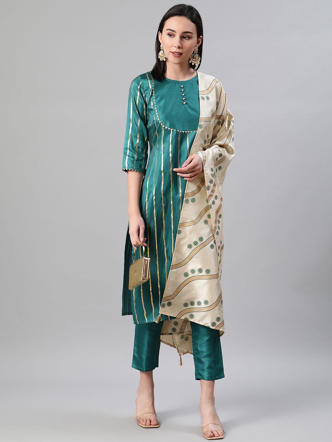 Women's Green Color Foil Print Straight Kurta,Pant And Dupatta Set - Ziyaa