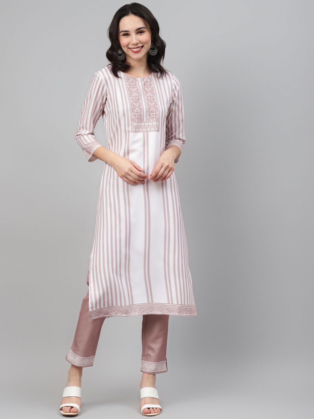 Women's Off White Color Screen Print Straight Kurta And Pant Set - Ziyaa