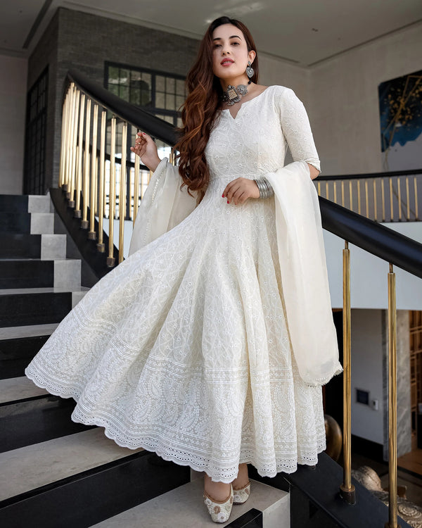 White Cotton Chikankari Gown with Dupatta Set