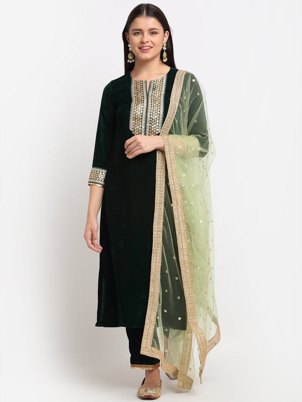 Women's Green Festive Straight Kurti With Straight Pants And Pista Sequence Dupatta - Anokherang