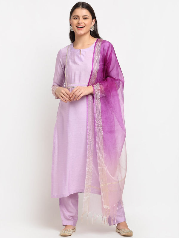 Women's Lilac Straight Kurti With Pants And Shaded Dupatta - Anokherang