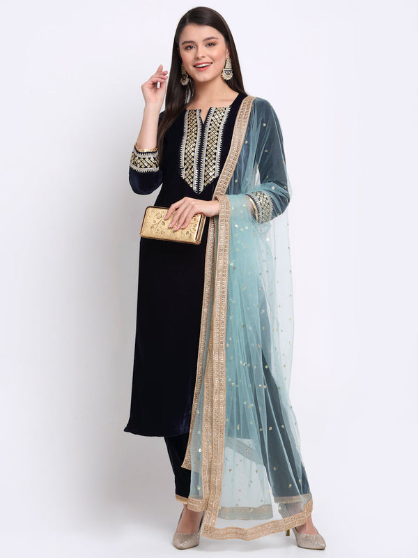 Women's Navy Blue Festive Velvet Straight Kurti With Pants And Sequin Dupatta - Anokherang