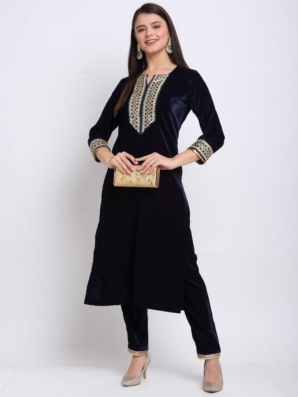 Women's Navy Blue Festive Velvet Straight Kurti With Pants - Anokherang