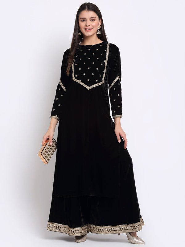 Women's Magical Black Embroidered Velvet Kurti With Flared Palazzo - Anokherang