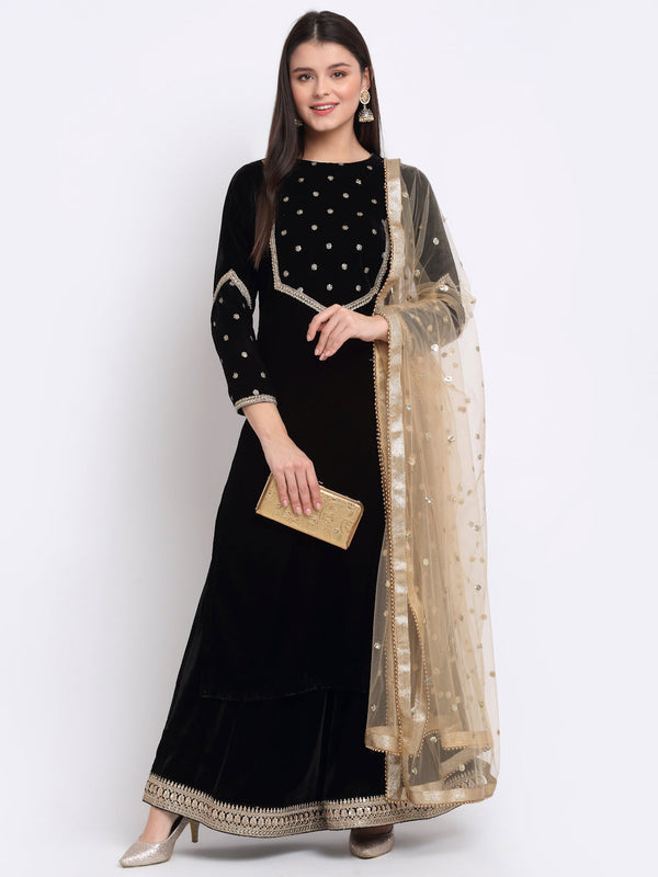 Women's Magical Black Embroidered Velvet Kurti With Flared Palazzo And Sequin Dupatta - Anokherang