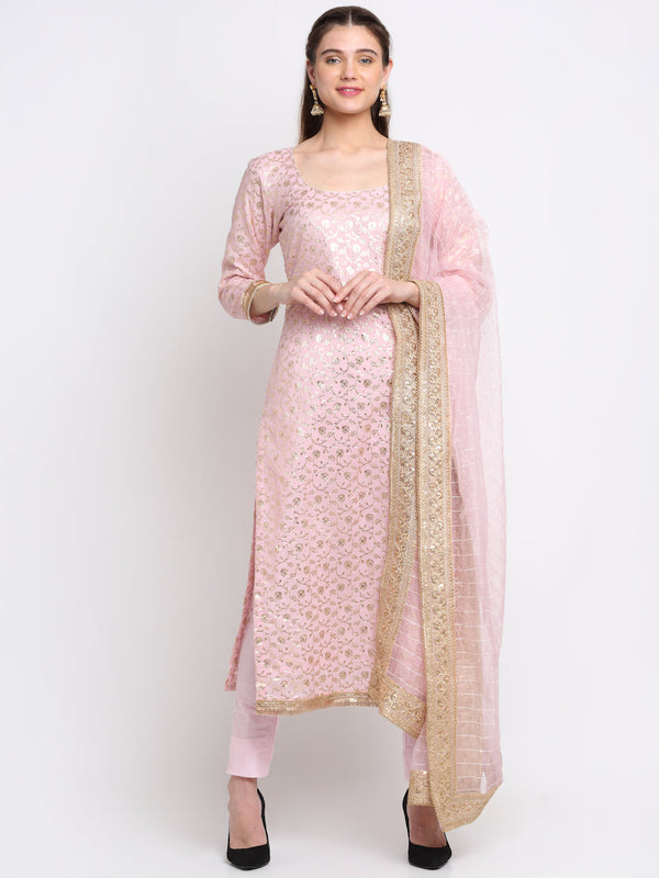 Women's Crystal Pink Chanderi Kurti With Straight Pants And Sequin Organza Dupatta - Anokherang