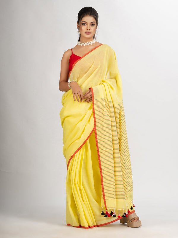 Women's Yollow Handwoven Cotton Stipe handloom Saree - Angoshobha