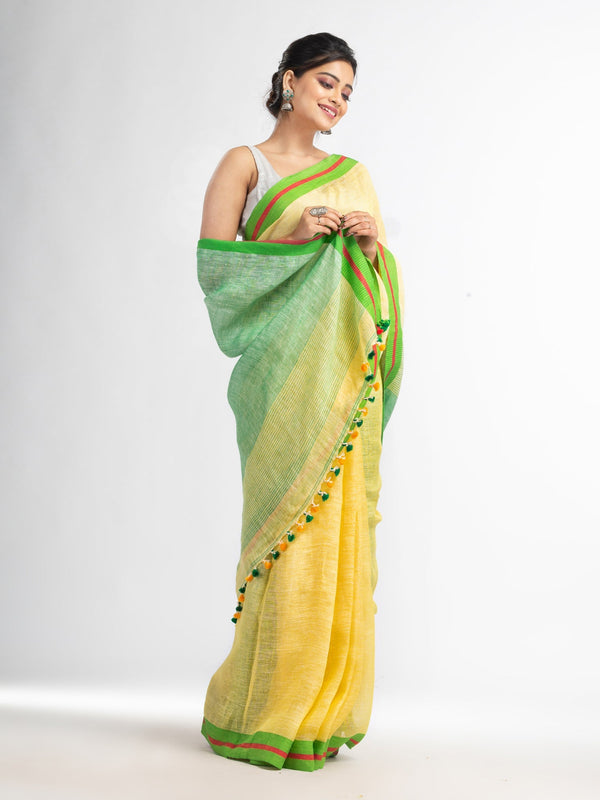 Women's Yellow with green pallu in multi colour boeder handwoven linen saree - Angoshobha