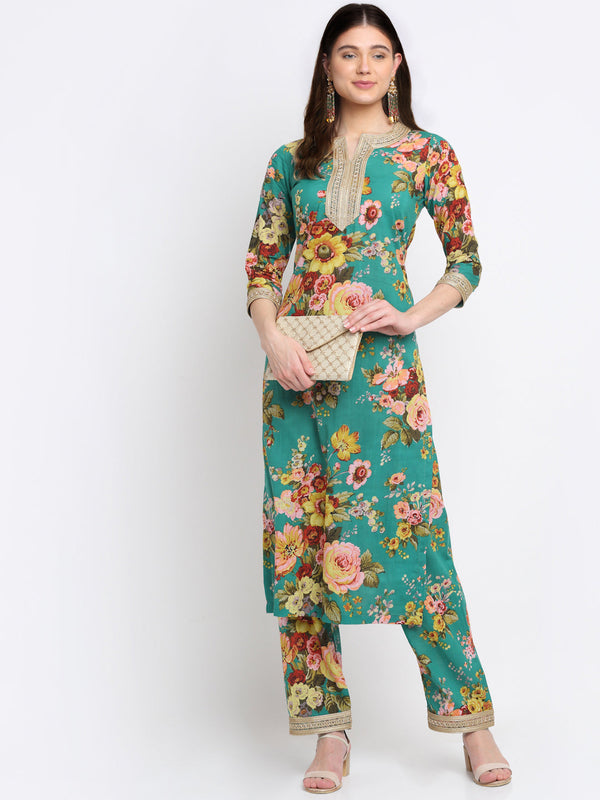 Women's Peacock Green Floral Kurti With Straight Palazzo Co-Ord Set - Anokherang