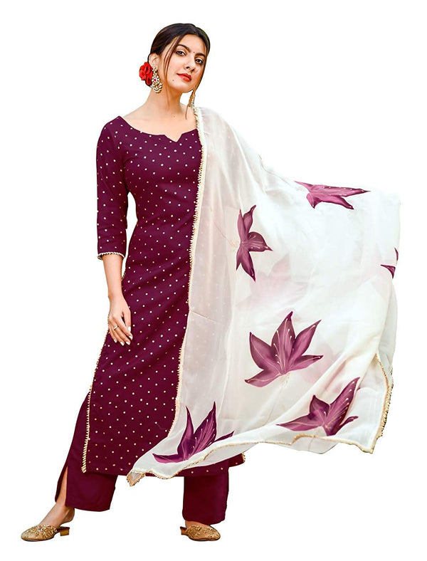 Wine Cotton Printed Kurta Palazzo Set With Dupatta