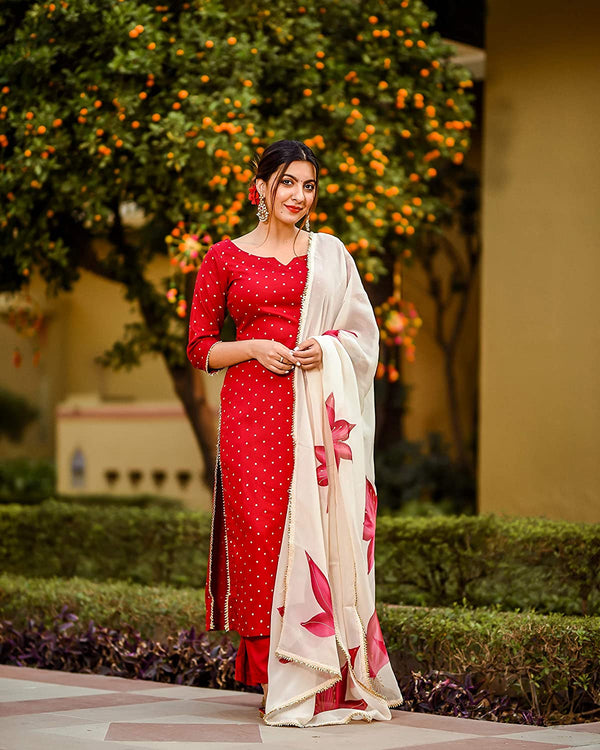 Red Cotton Printed Kurta Palazzo Set With Dupatta