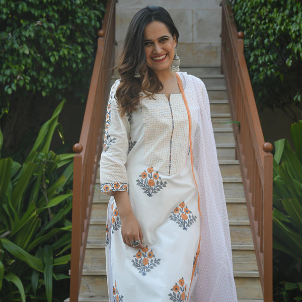 Women White Cotton Floral Printed Kurta Pant & Dupatta Set