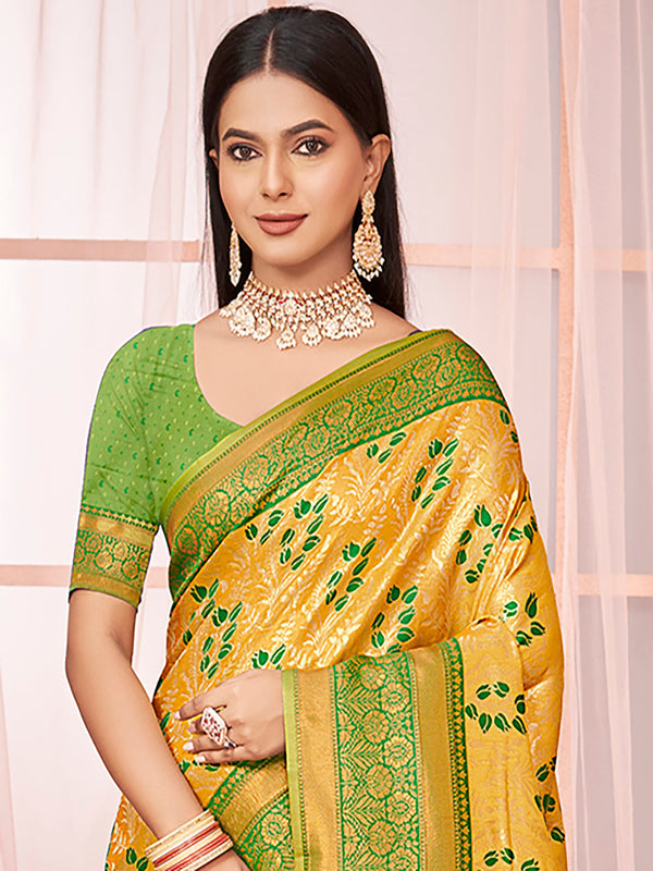 Women's Yellow Silk Woven Work Traditional Saree - Sangam Prints