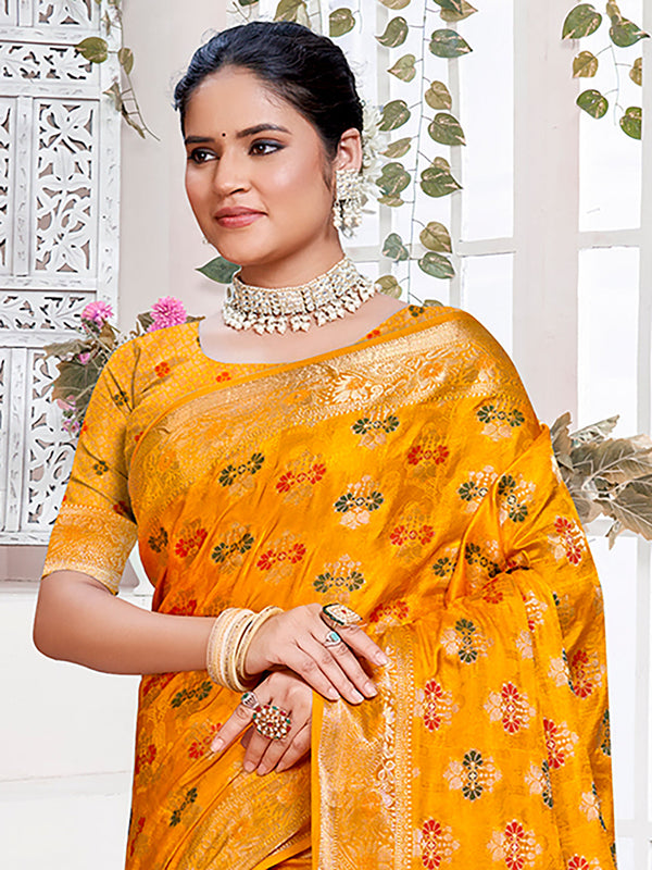 Women's Yellow Silk Woven Work Traditional Saree - Sangam Prints