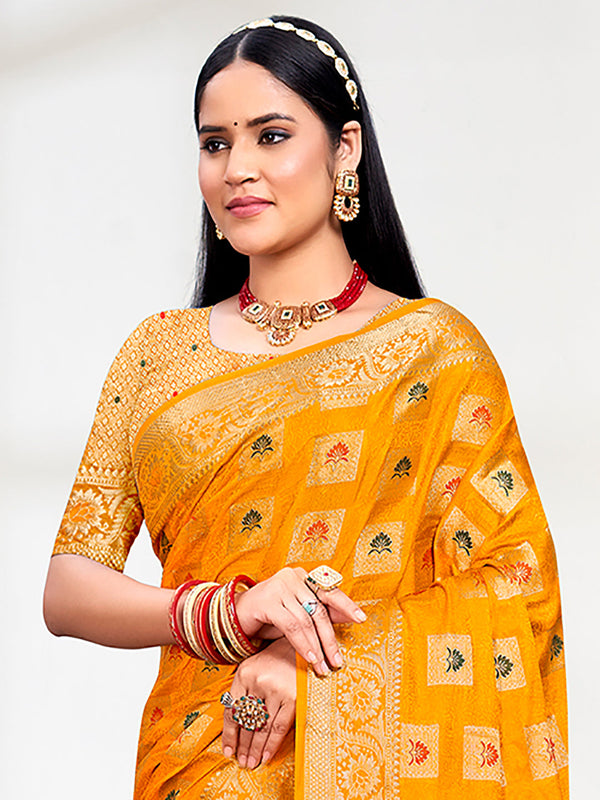 Women's Yellow Silk Woven Work Traditional Saree - Sangam Prints