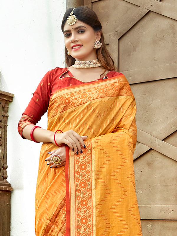 Women's Yellow Silk Woven Zari Work Traditional Saree - Sangam Prints