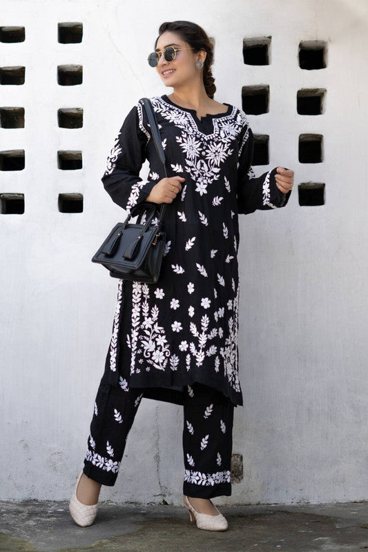 Women's Black Cotton Blend Embroidered Chikankari Kurta Set - Malishka Export