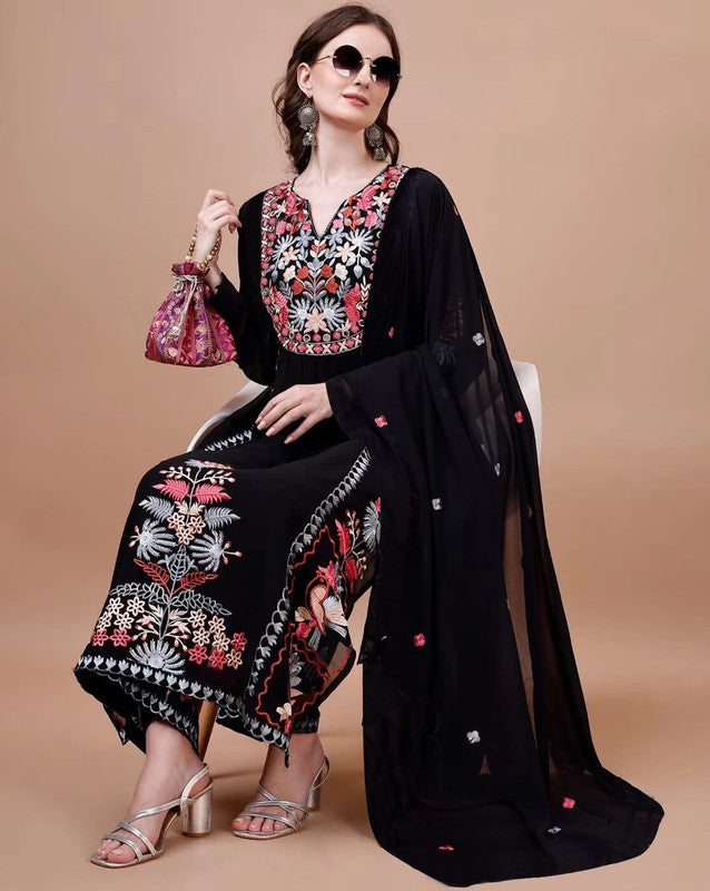 Women's Black Georgette Embroidered Kurta Set With Dupatta - Malishka Export