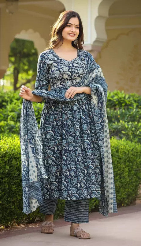 Women's Blue Cotton Blend Printed Kurta Set With Dupatta - Malishka Export