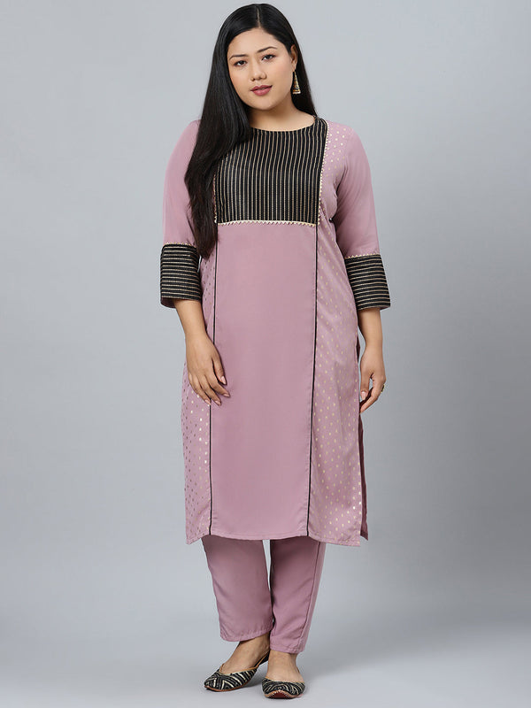 Women's Light Purple Crepe Foil Printed Straight Kurta With Pant Set - Ziyaa