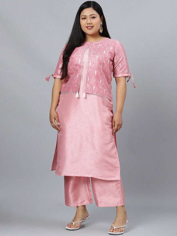 Women Pink Silk Kurta with Palazzo Set by Ziyaa (2 Pc Set)