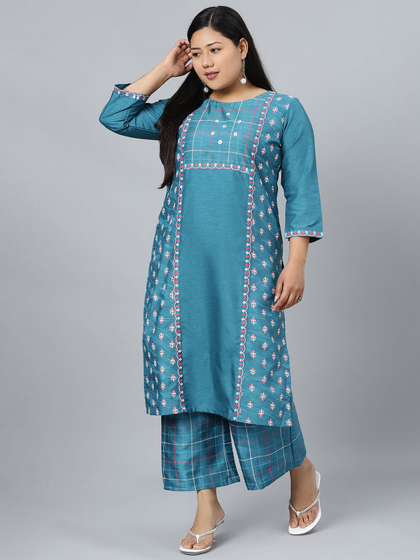 Women's Blue Silk Kurta With Palazzo Set by Ziyaa-(2pcs set)