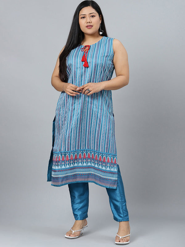 Women's Blue Poly Silk Kurta and Pant Set by Ziyaa- (2pcs set)