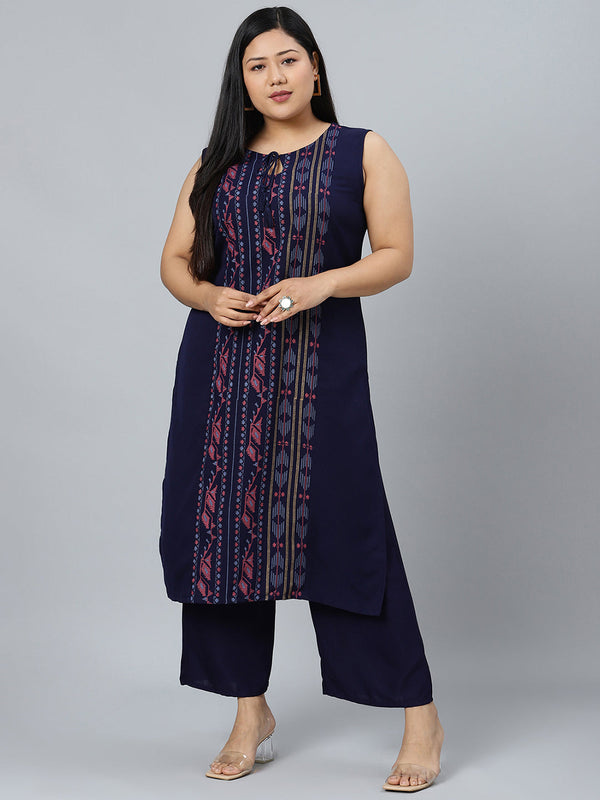 Women's Navy Blue Colour Khadi Print Straight Rayon Kurta With Palazzo - Ziyaa