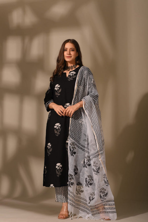 Cotton Floral Printed Black Kurta Pant Set With Dupatta