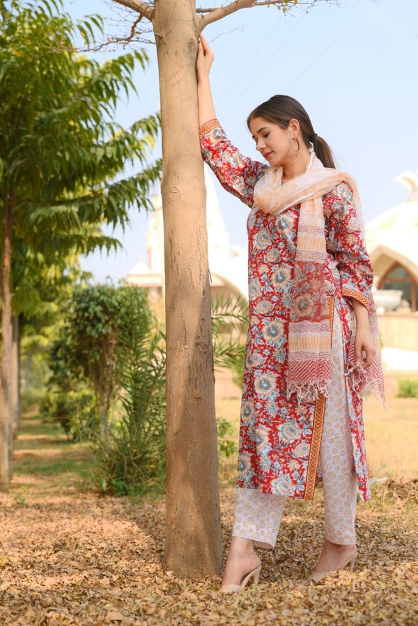 Red Cotton Floral Printed Kurta Pant Set With Dupatta