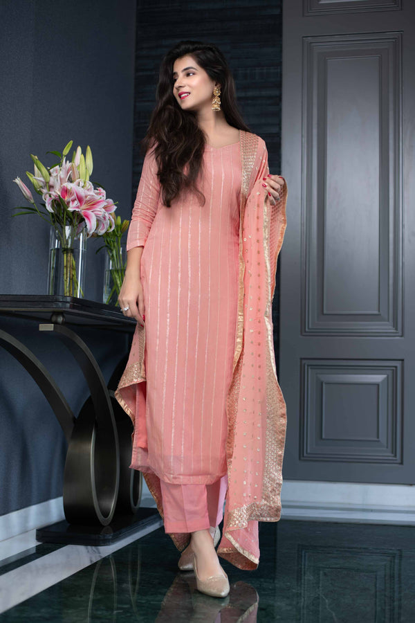 Women's Peach Kurta set With Heavy Dupatta (3pcs Set) - Final Clearance Sale