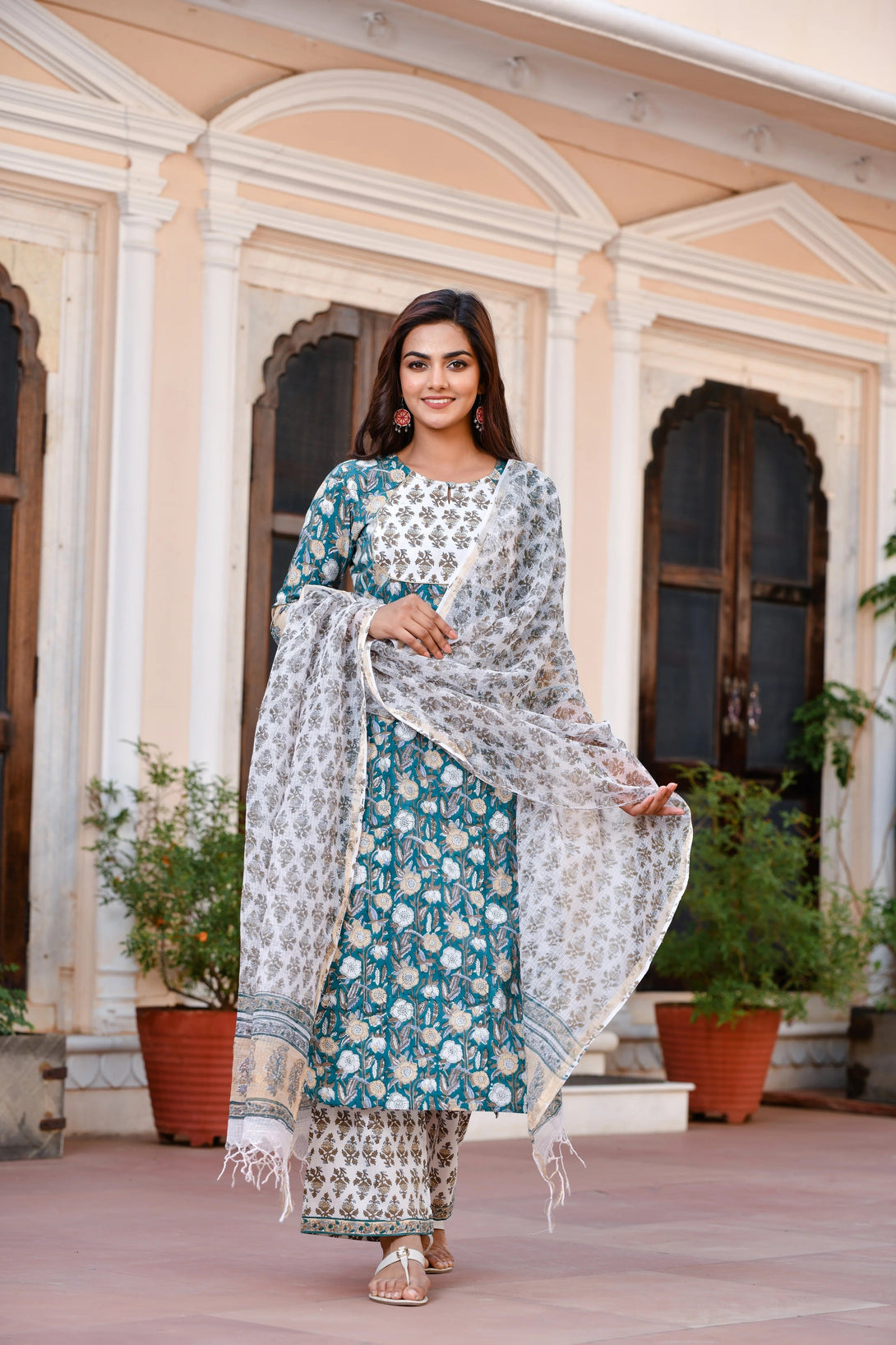 Women's TEAL Printed Viscose Rayon Kurta, Pant And Dupatta Set - Alvami