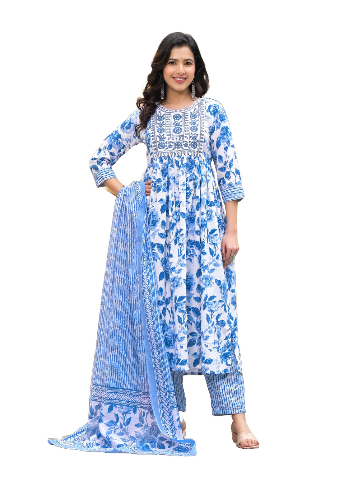 Women's White, Blue Floral Print Viscose Rayon Kurta, Pant And Dupatta Set - Alvami