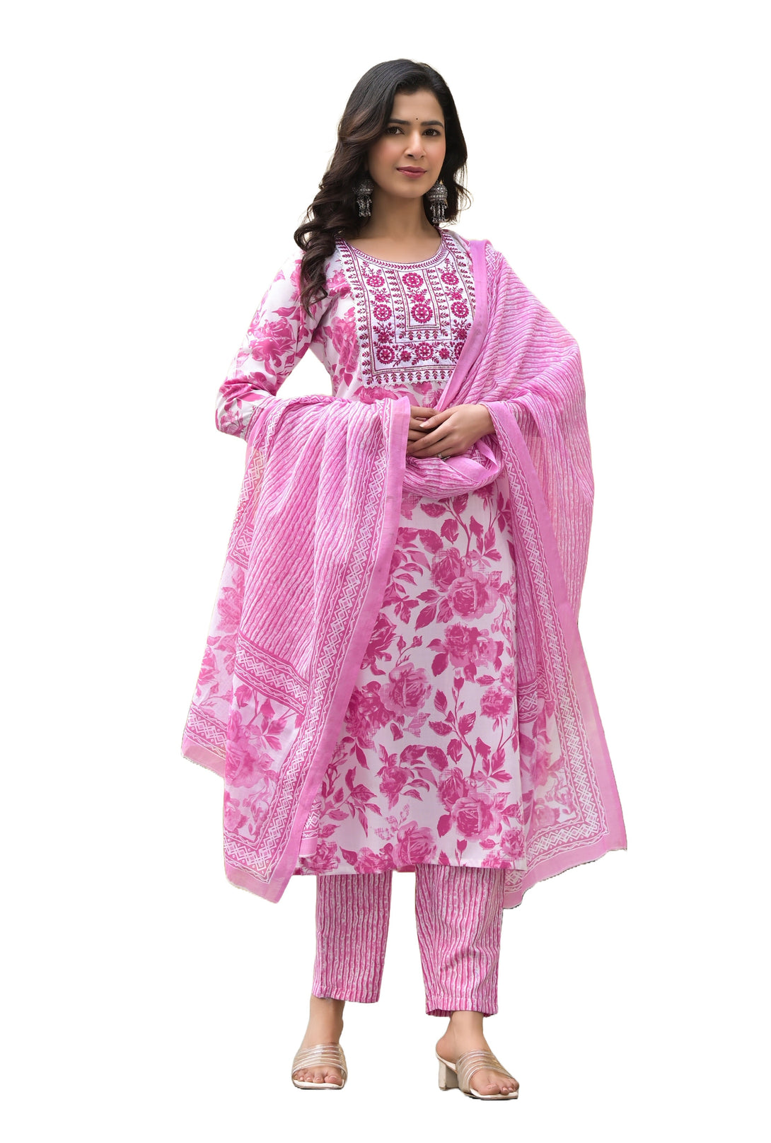 Women's Pink, White Floral Print Viscose Rayon Kurta, Pant And Dupatta Set - Alvami