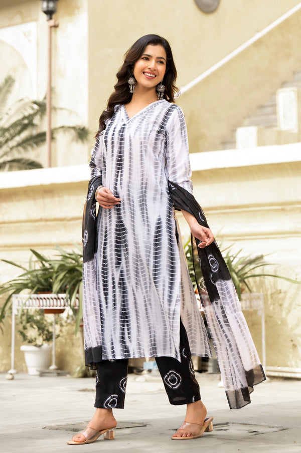 Women's Balck And White Printed Viscose Rayon Kurta, Pant And Dupatta Set - Alvami