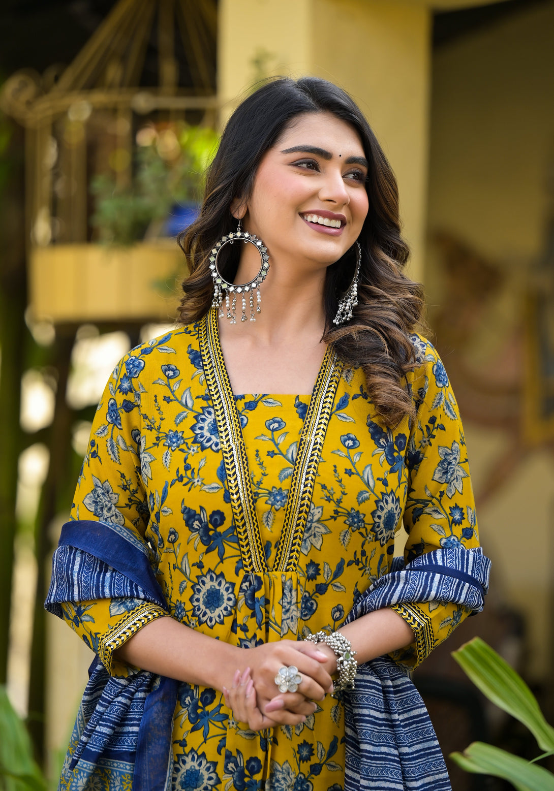 Women's Yellow And Blue Printed Viscose Rayon Kurta, Pant And Dupatta Set - Alvami