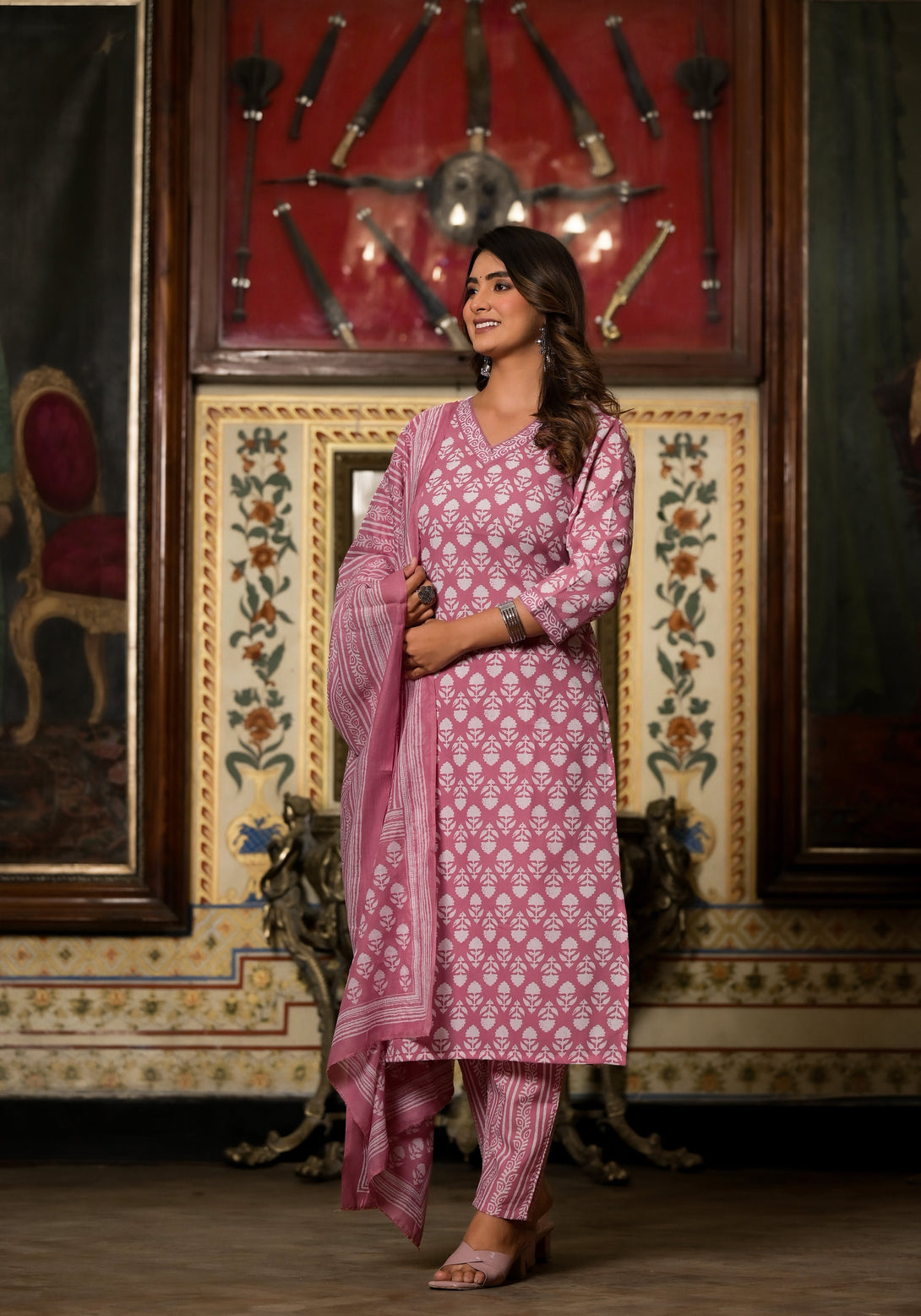 Women's Pink Printed Viscose Rayon Kurta, Pant And Dupatta Set - Alvami