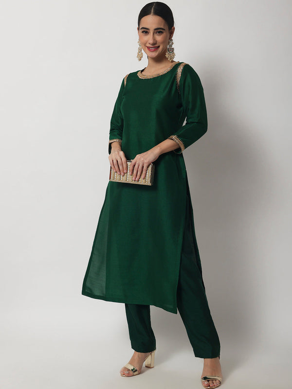 Women's Emerald Green Straight Kurti With Straight Pants - Anokherang