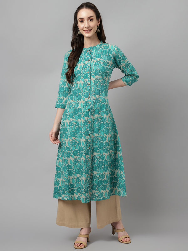 Teal Green Pure Cotton Floral Printed Collar Neck Kurti