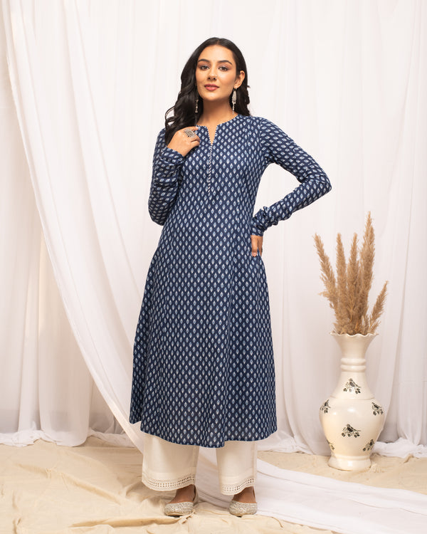 Navy Blue Cotton Floral V Neck Kurti