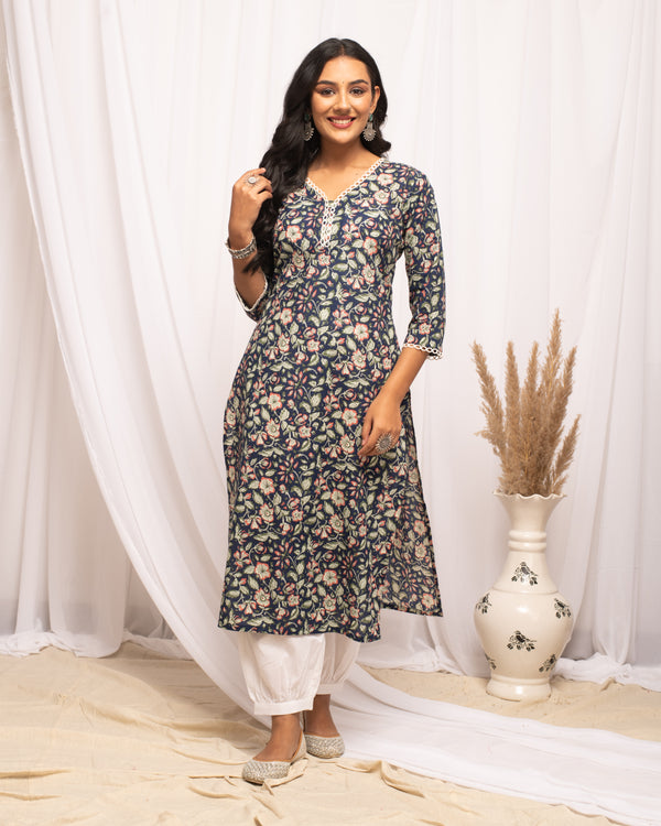 Blue Cotton Floral Printed V Neck Kurti