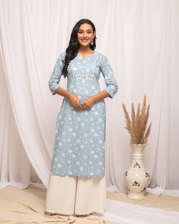 Sky blue Cotton Floral Printed V Neck Kurti